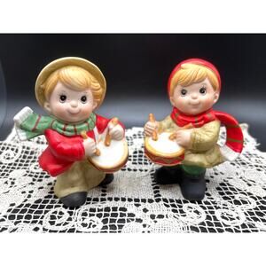 Vintage Homco Christmas Drummer Boy Pair Bisque Figurines Holiday Decor 1980s